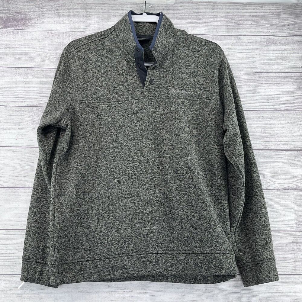 Eddie Bauer Mens Sz L Gray Pullover Long Sleeve‎ Snap Button Fleeces Sweater Top